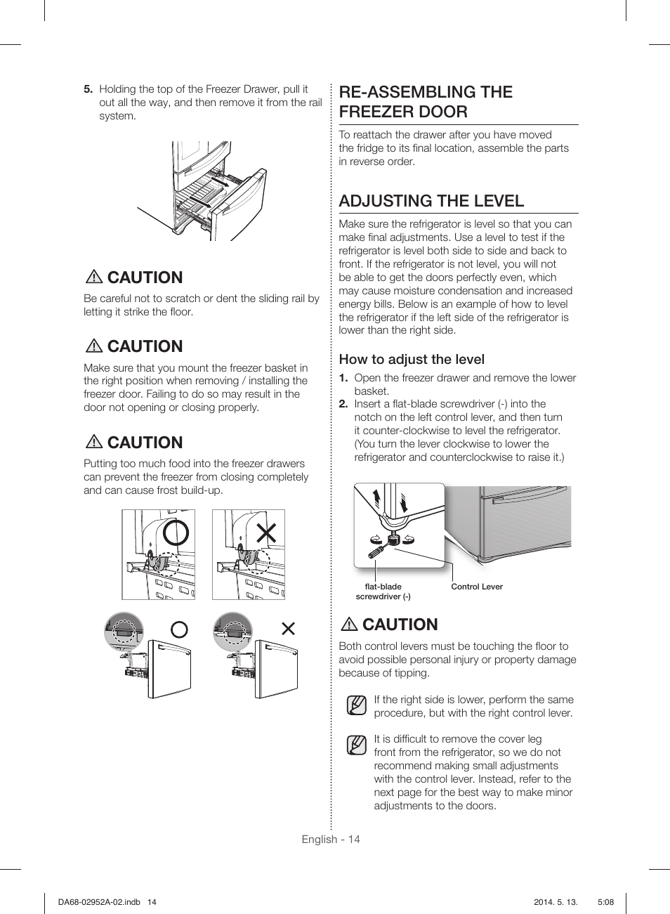 Caution, Re-assembling the freezer door, Adjusting the level | How to adjust the level | Samsung RF28HMEDBWW-AA User Manual | Page 14 / 116