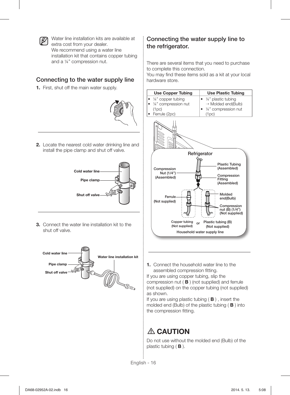 Caution, Connecting to the water supply line | Samsung RF28HMEDBWW-AA User Manual | Page 16 / 116