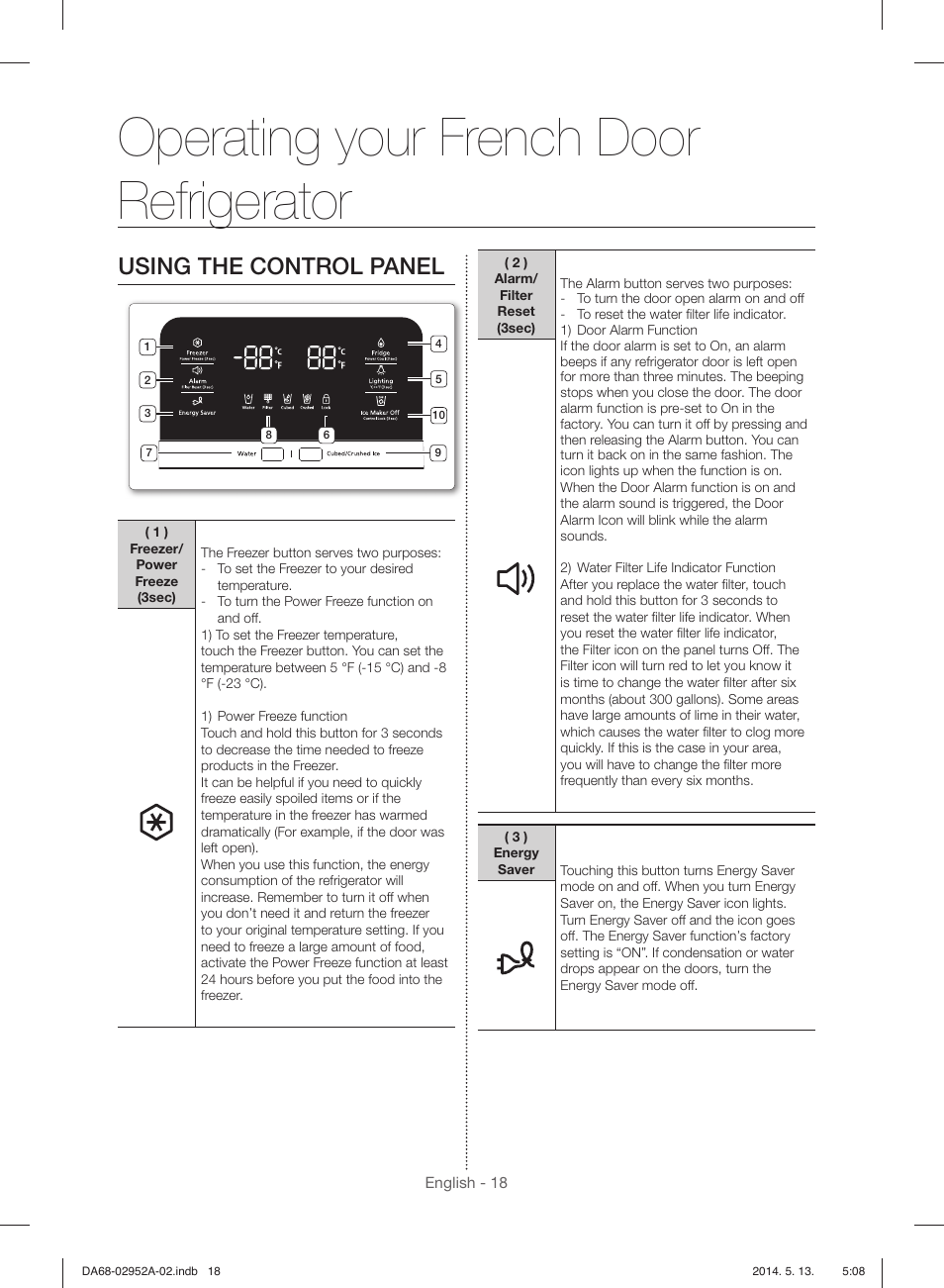 Operating your french door refrigerator, Using the control panel | Samsung RF28HMEDBWW-AA User Manual | Page 18 / 116