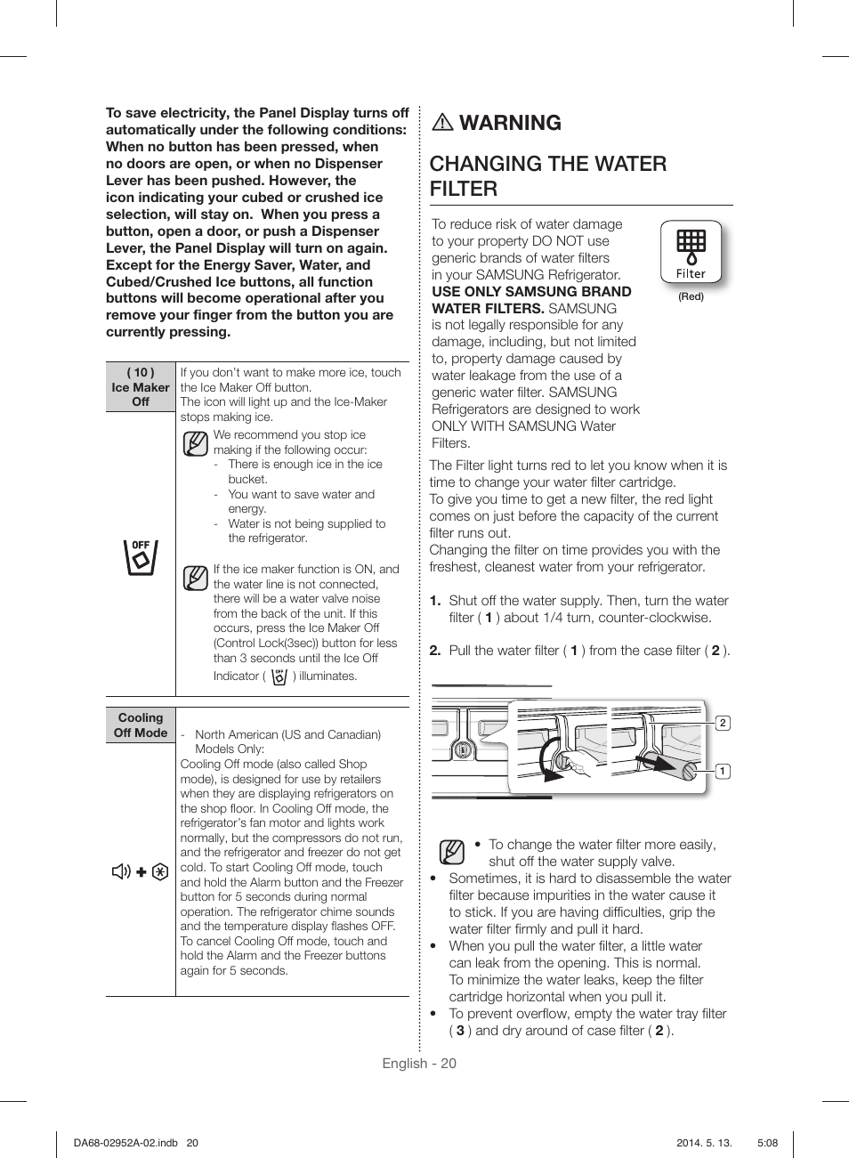 Warning changing the water filter | Samsung RF28HMEDBWW-AA User Manual | Page 20 / 116