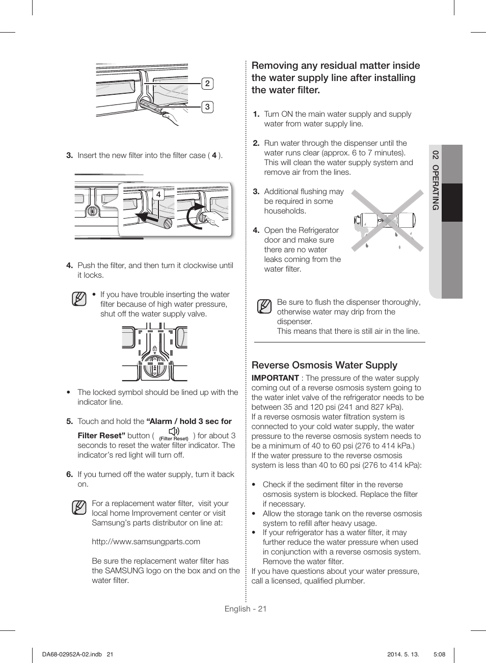 Reverse osmosis water supply | Samsung RF28HMEDBWW-AA User Manual | Page 21 / 116