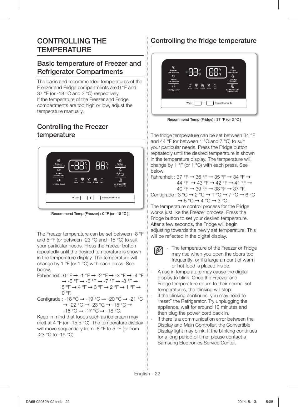 Controlling the temperature, Controlling the freezer temperature, Controlling the fridge temperature | Samsung RF28HMEDBWW-AA User Manual | Page 22 / 116