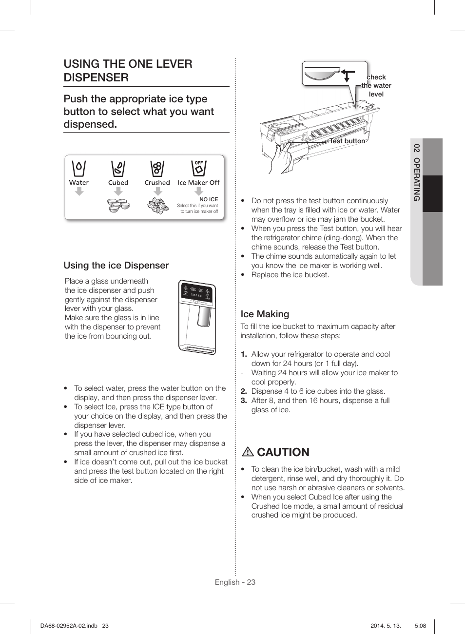 Using the one lever dispenser, Caution, Using the ice dispenser | Ice making | Samsung RF28HMEDBWW-AA User Manual | Page 23 / 116