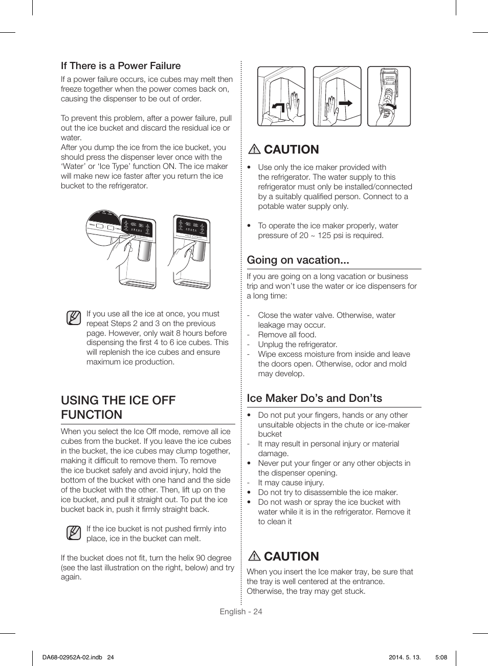 Using the ice off function, Caution, Going on vacation | Ice maker do’s and don’ts, If there is a power failure | Samsung RF28HMEDBWW-AA User Manual | Page 24 / 116