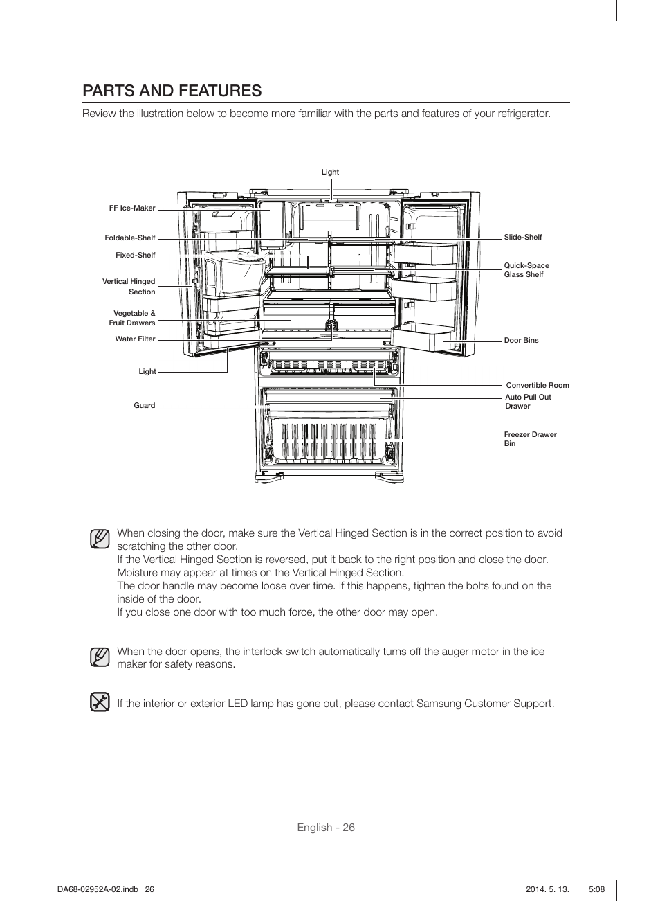 Parts and features, English - 26 | Samsung RF28HMEDBWW-AA User Manual | Page 26 / 116