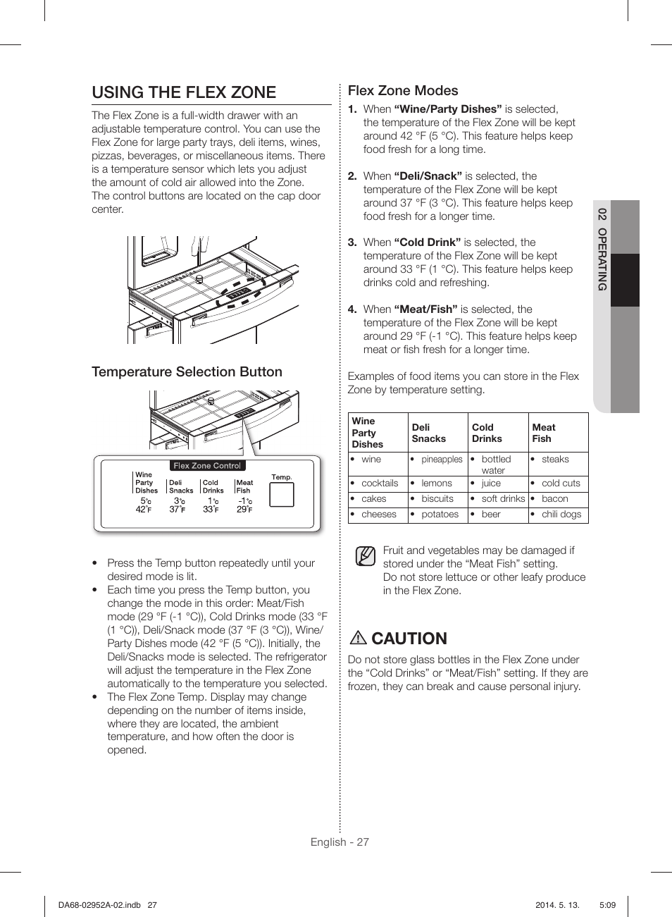 Using the flex zone, Caution, Temperature selection button | Flex zone modes | Samsung RF28HMEDBWW-AA User Manual | Page 27 / 116