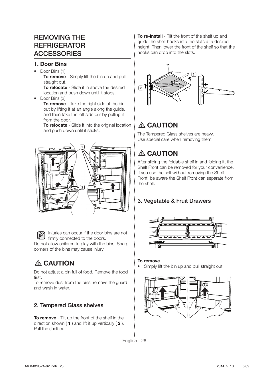 Removing the refrigerator accessories, Caution, Door bins | Tempered glass shelves, Vegetable & fruit drawers | Samsung RF28HMEDBWW-AA User Manual | Page 28 / 116