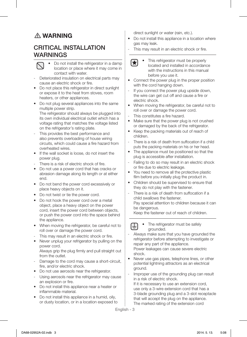 Warning critical installation warnings | Samsung RF28HMEDBWW-AA User Manual | Page 3 / 116