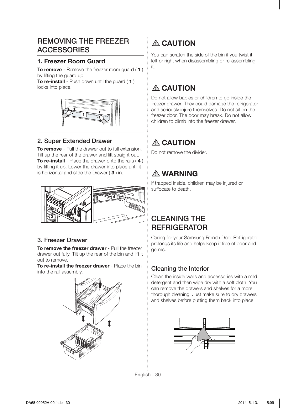 Removing the freezer accessories, Caution, Warning | Cleaning the refrigerator | Samsung RF28HMEDBWW-AA User Manual | Page 30 / 116