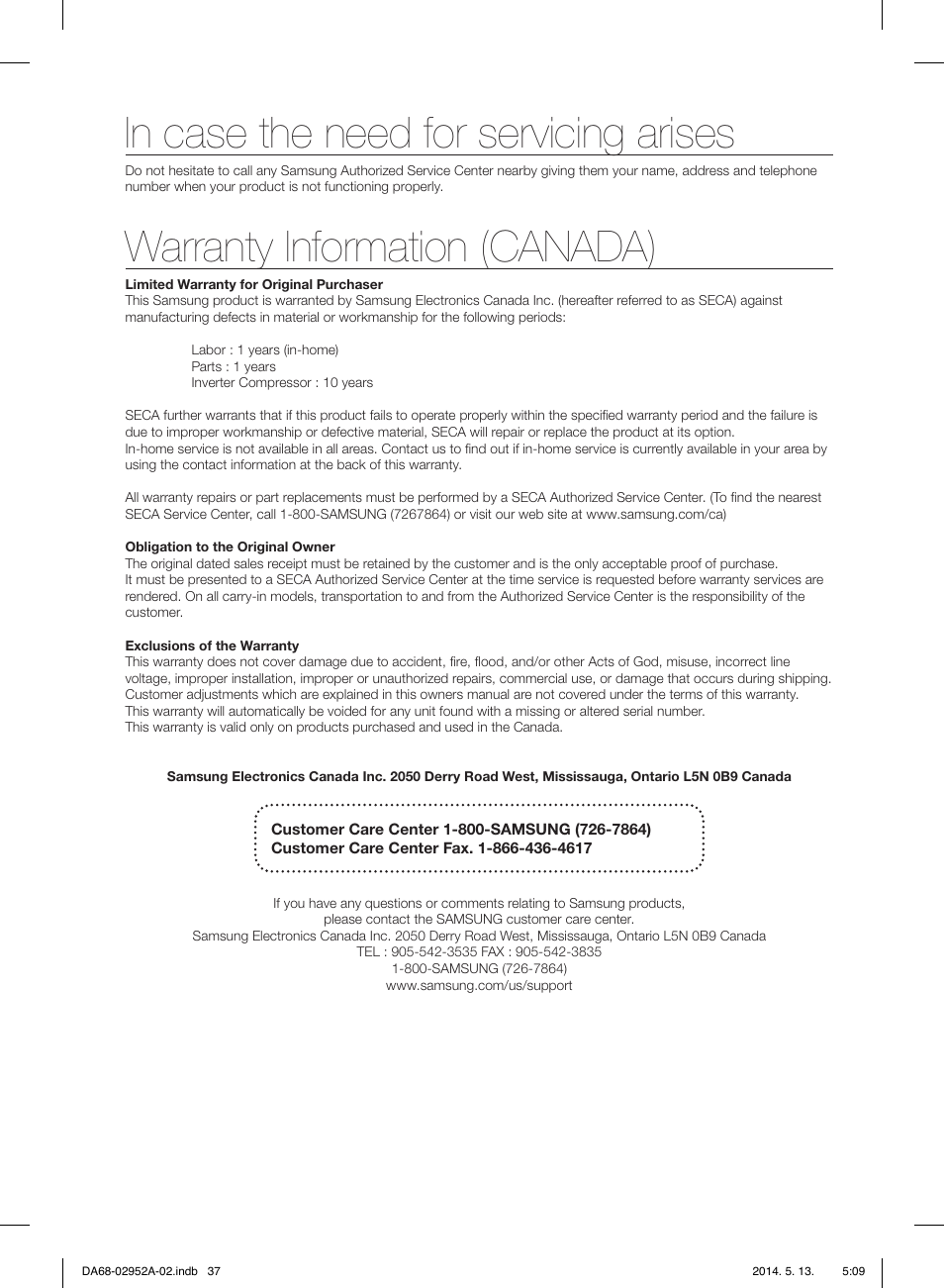 Warranty information (canada) | Samsung RF28HMEDBWW-AA User Manual | Page 37 / 116