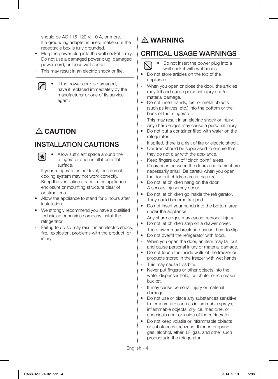 Caution installation cautions, Warning critical usage warnings | Samsung RF28HMEDBWW-AA User Manual | Page 4 / 116