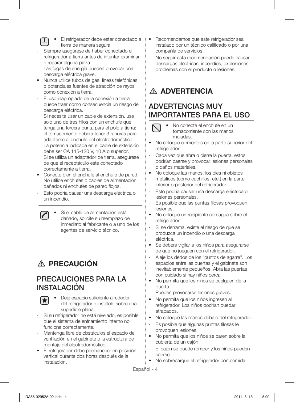 Precaución precauciones para la instalación | Samsung RF28HMEDBWW-AA User Manual | Page 42 / 116