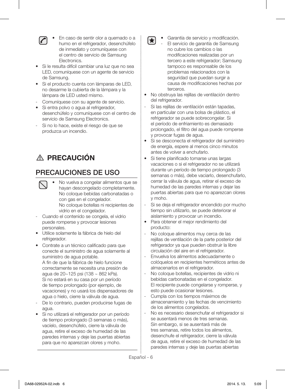 Precaución precauciones de uso | Samsung RF28HMEDBWW-AA User Manual | Page 44 / 116