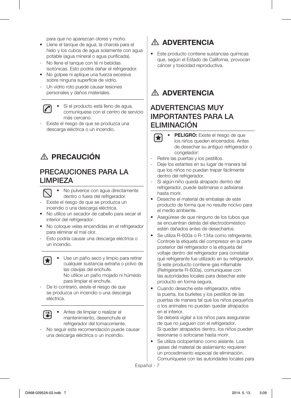 Precaución precauciones para la limpieza, Advertencia | Samsung RF28HMEDBWW-AA User Manual | Page 45 / 116