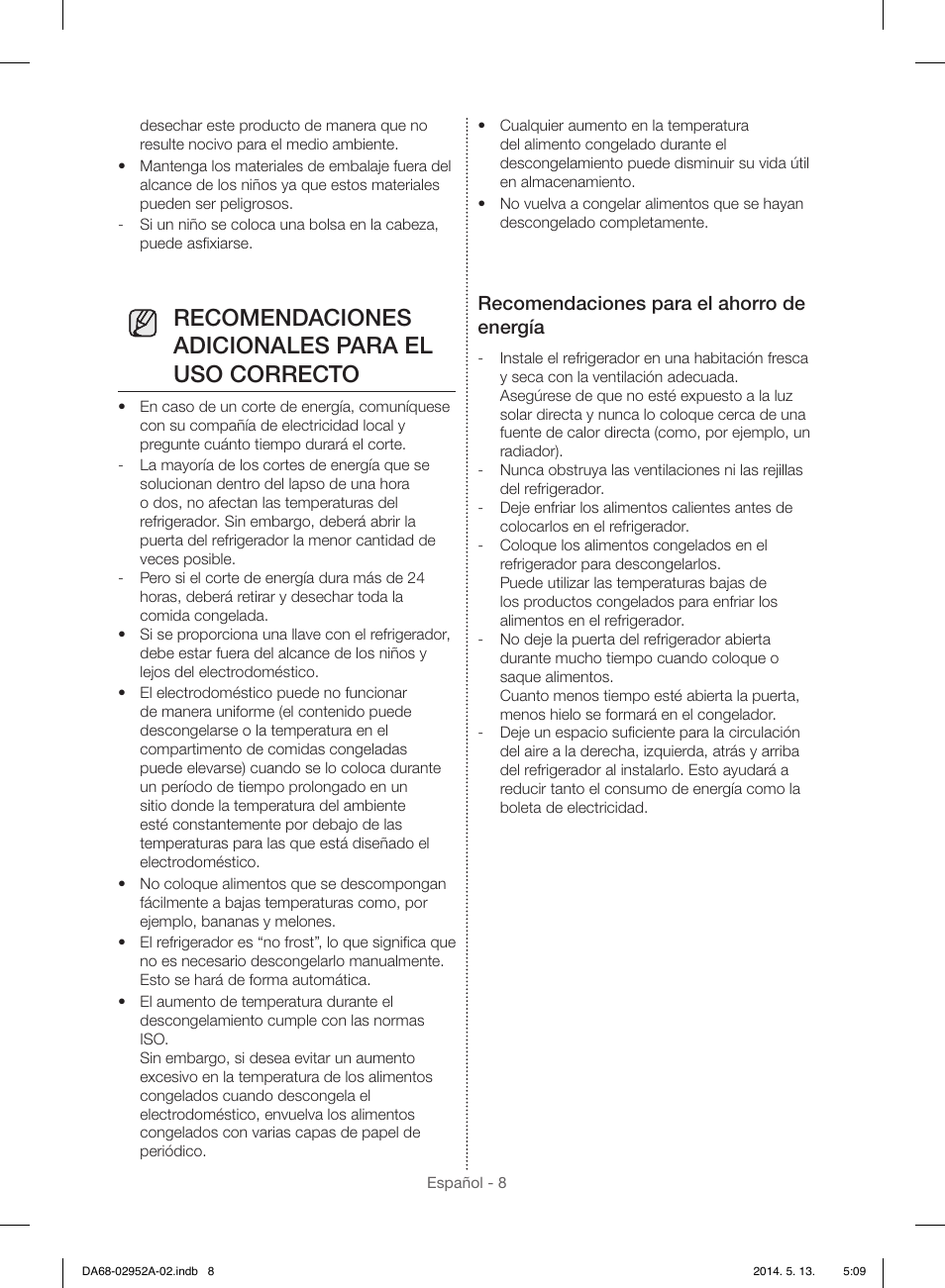 Recomendaciones adicionales para el uso correcto, Recomendaciones para el ahorro de energía | Samsung RF28HMEDBWW-AA User Manual | Page 46 / 116