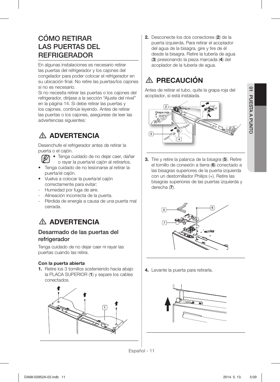 Cómo retirar las puertas del refrigerador, Advertencia, Precaución | Desarmado de las puertas del refrigerador | Samsung RF28HMEDBWW-AA User Manual | Page 49 / 116