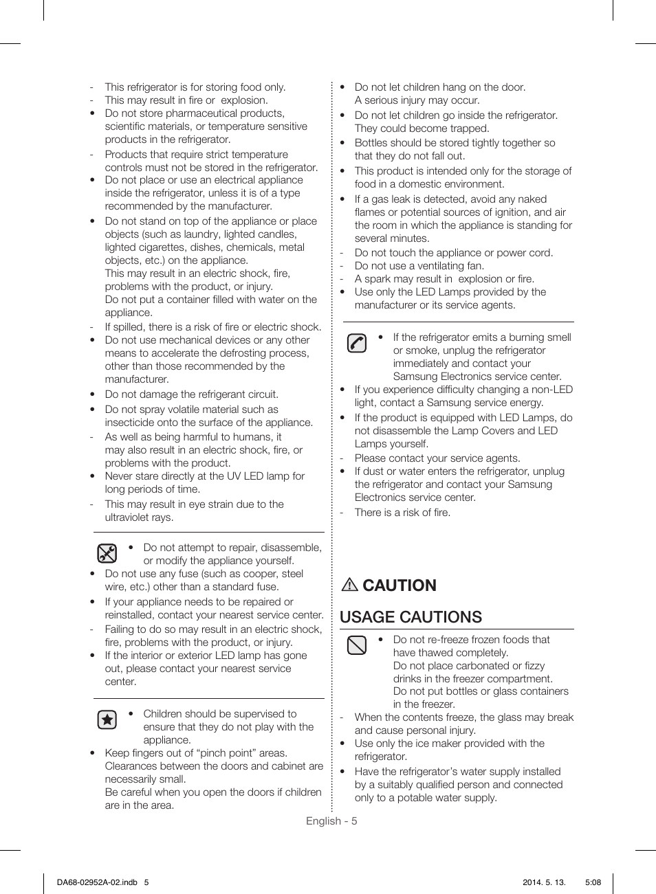 Caution usage cautions | Samsung RF28HMEDBWW-AA User Manual | Page 5 / 116