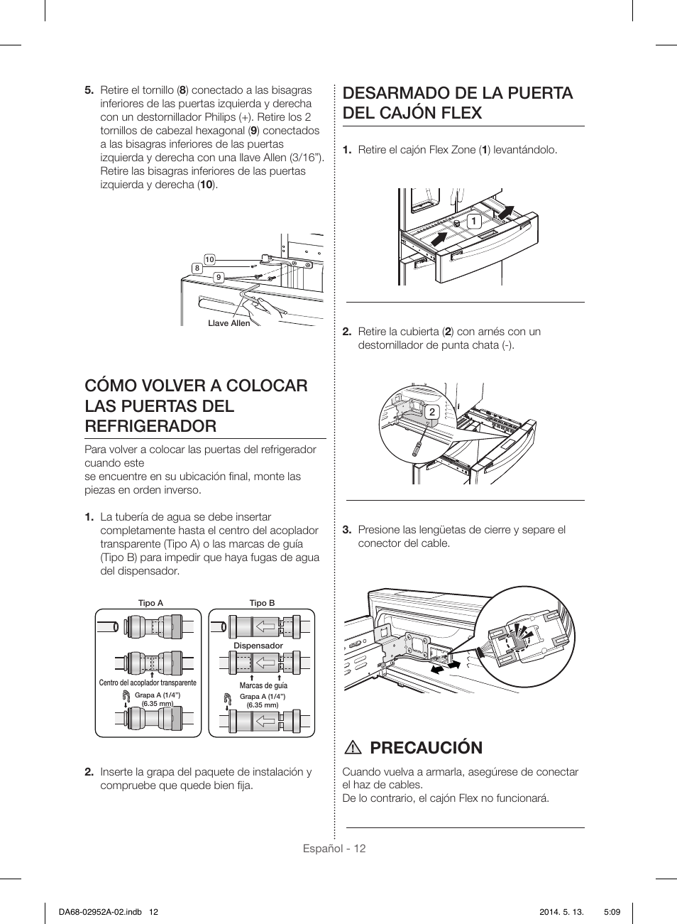 Cómo volver a colocar las puertas del refrigerador, Desarmado de la puerta del cajón flex, Precaución | Samsung RF28HMEDBWW-AA User Manual | Page 50 / 116