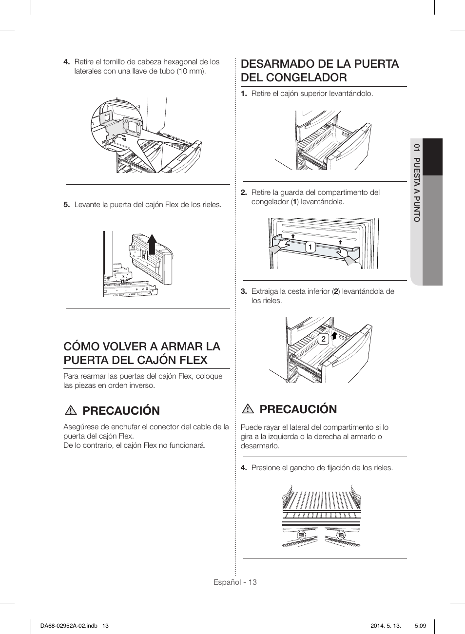 Cómo volver a armar la puerta del cajón flex, Precaución, Desarmado de la puerta del congelador | Samsung RF28HMEDBWW-AA User Manual | Page 51 / 116