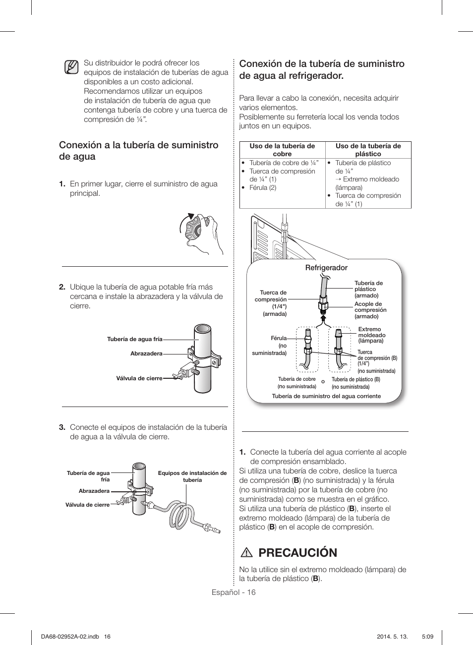 Precaución, Conexión a la tubería de suministro de agua | Samsung RF28HMEDBWW-AA User Manual | Page 54 / 116