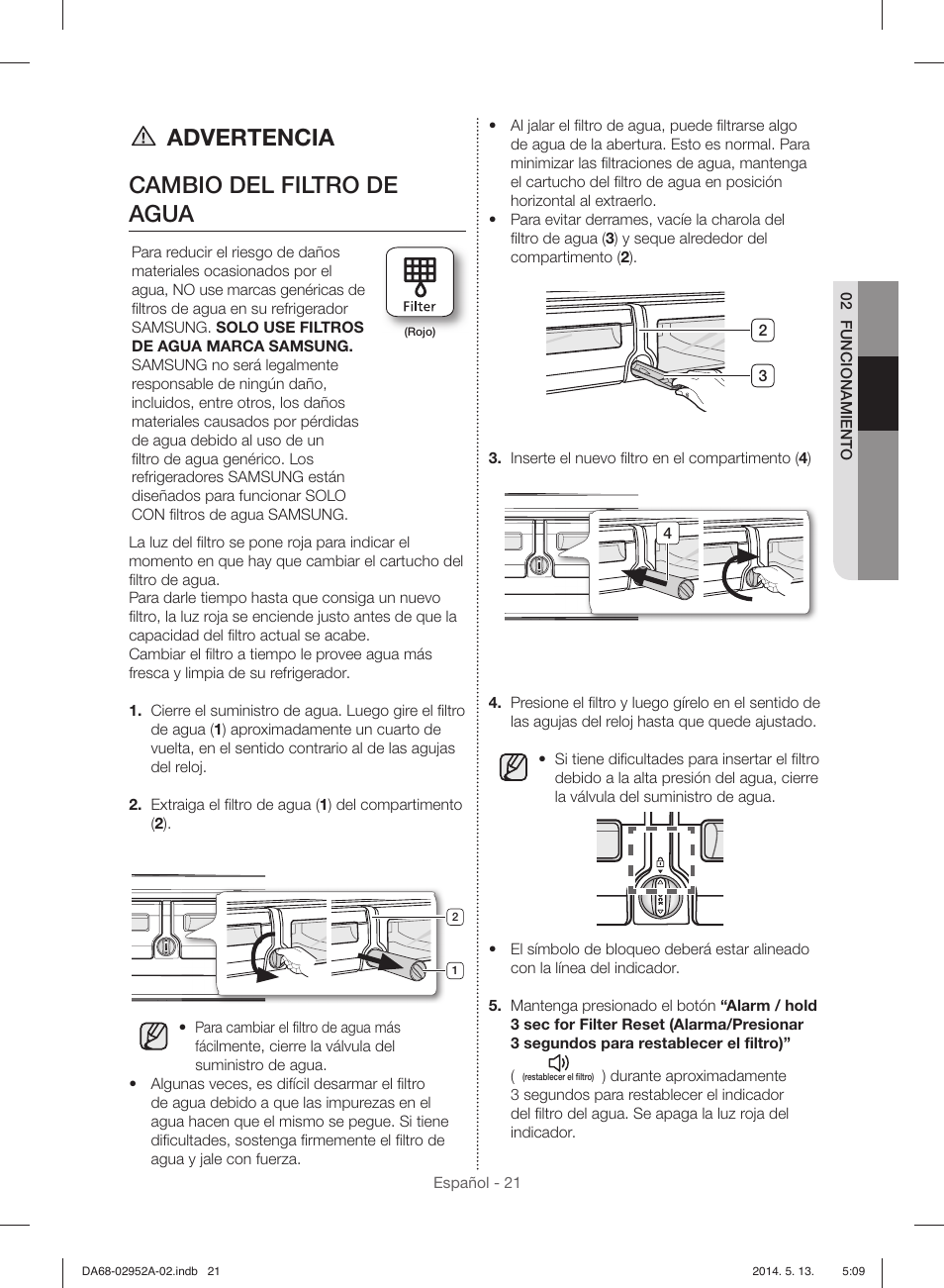 Advertencia cambio del filtro de agua | Samsung RF28HMEDBWW-AA User Manual | Page 59 / 116