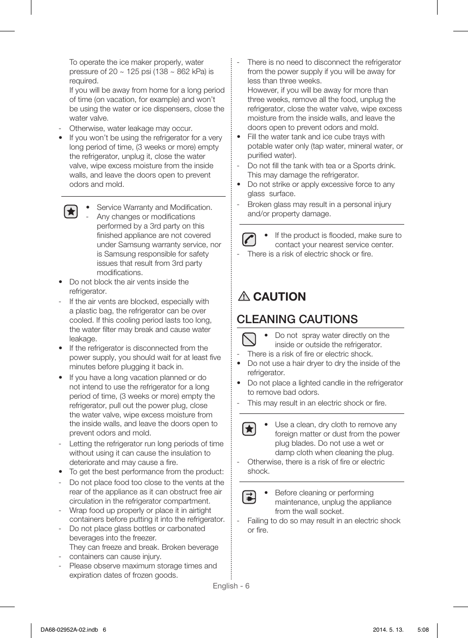 Caution cleaning cautions | Samsung RF28HMEDBWW-AA User Manual | Page 6 / 116