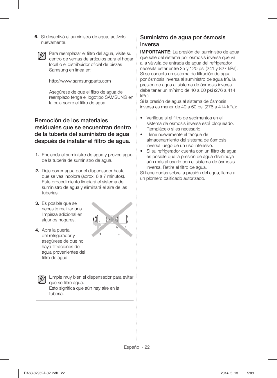 Suministro de agua por ósmosis inversa | Samsung RF28HMEDBWW-AA User Manual | Page 60 / 116