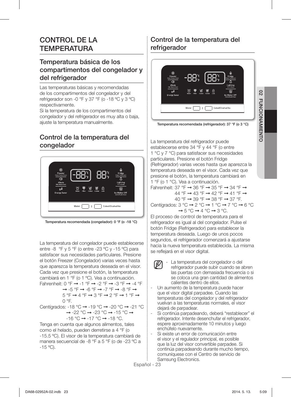 Control de la temperatura, Control de la temperatura del congelador, Control de la temperatura del refrigerador | Samsung RF28HMEDBWW-AA User Manual | Page 61 / 116