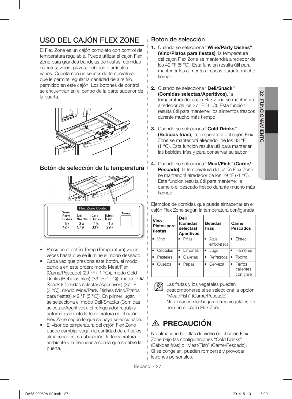 Uso del cajón flex zone, Precaución, Botón de selección de la temperatura | Botón de selección | Samsung RF28HMEDBWW-AA User Manual | Page 65 / 116