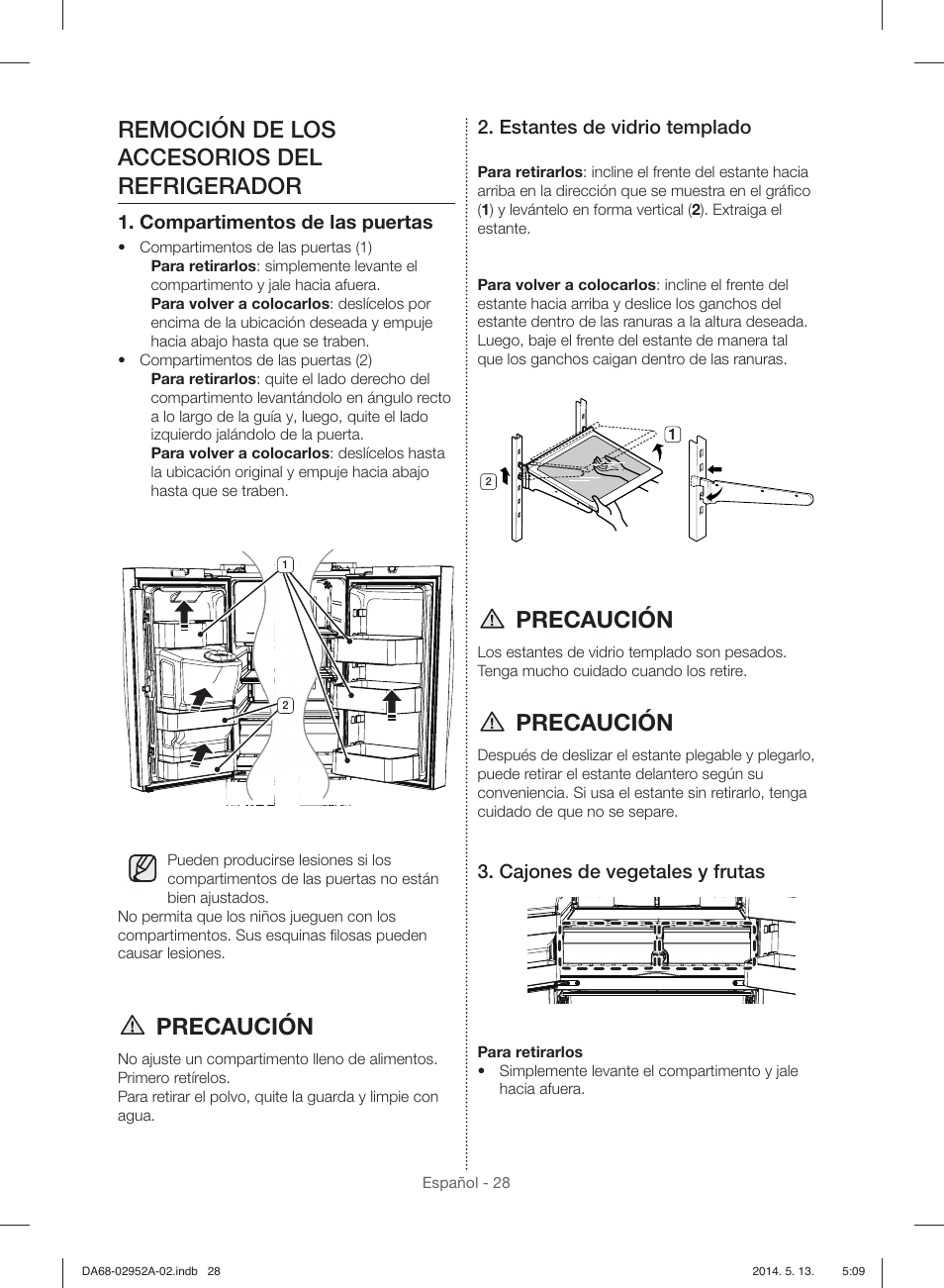 Remoción de los accesorios del refrigerador, Precaución, Compartimentos de las puertas | Estantes de vidrio templado, Cajones de vegetales y frutas | Samsung RF28HMEDBWW-AA User Manual | Page 66 / 116