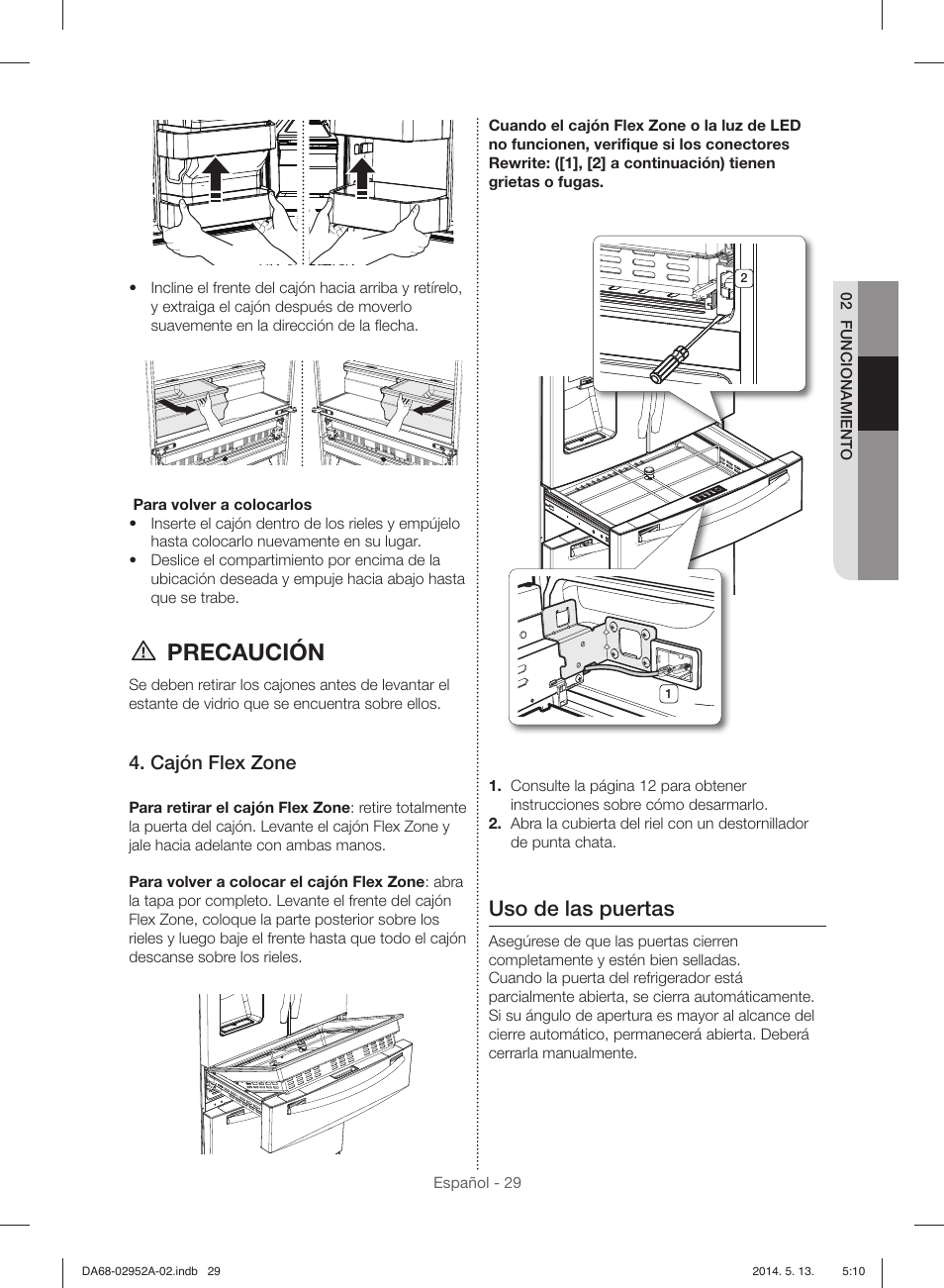 Precaución, Uso de las puertas, Cajón flex zone | Samsung RF28HMEDBWW-AA User Manual | Page 67 / 116