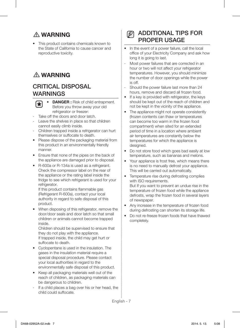 Warning, Warning critical disposal warnings, Additional tips for proper usage | Samsung RF28HMEDBWW-AA User Manual | Page 7 / 116