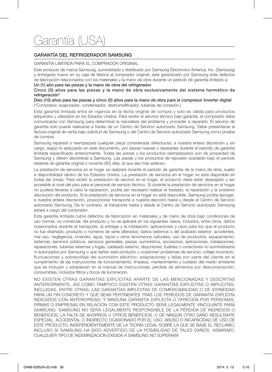 Garantía (usa) | Samsung RF28HMEDBWW-AA User Manual | Page 74 / 116