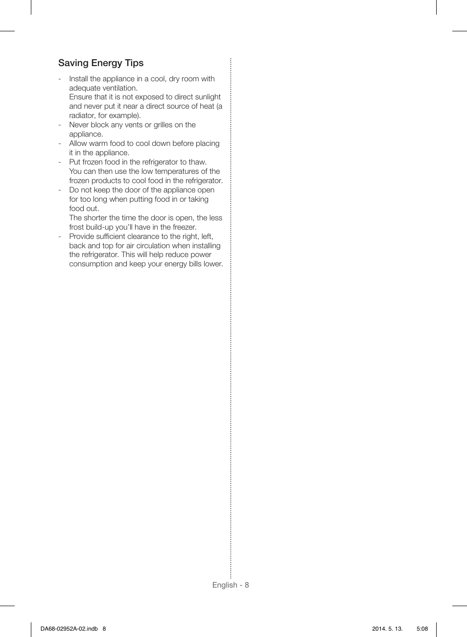 Saving energy tips | Samsung RF28HMEDBWW-AA User Manual | Page 8 / 116