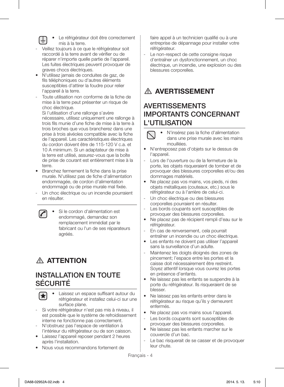 Attention installation en toute sécurité | Samsung RF28HMEDBWW-AA User Manual | Page 80 / 116