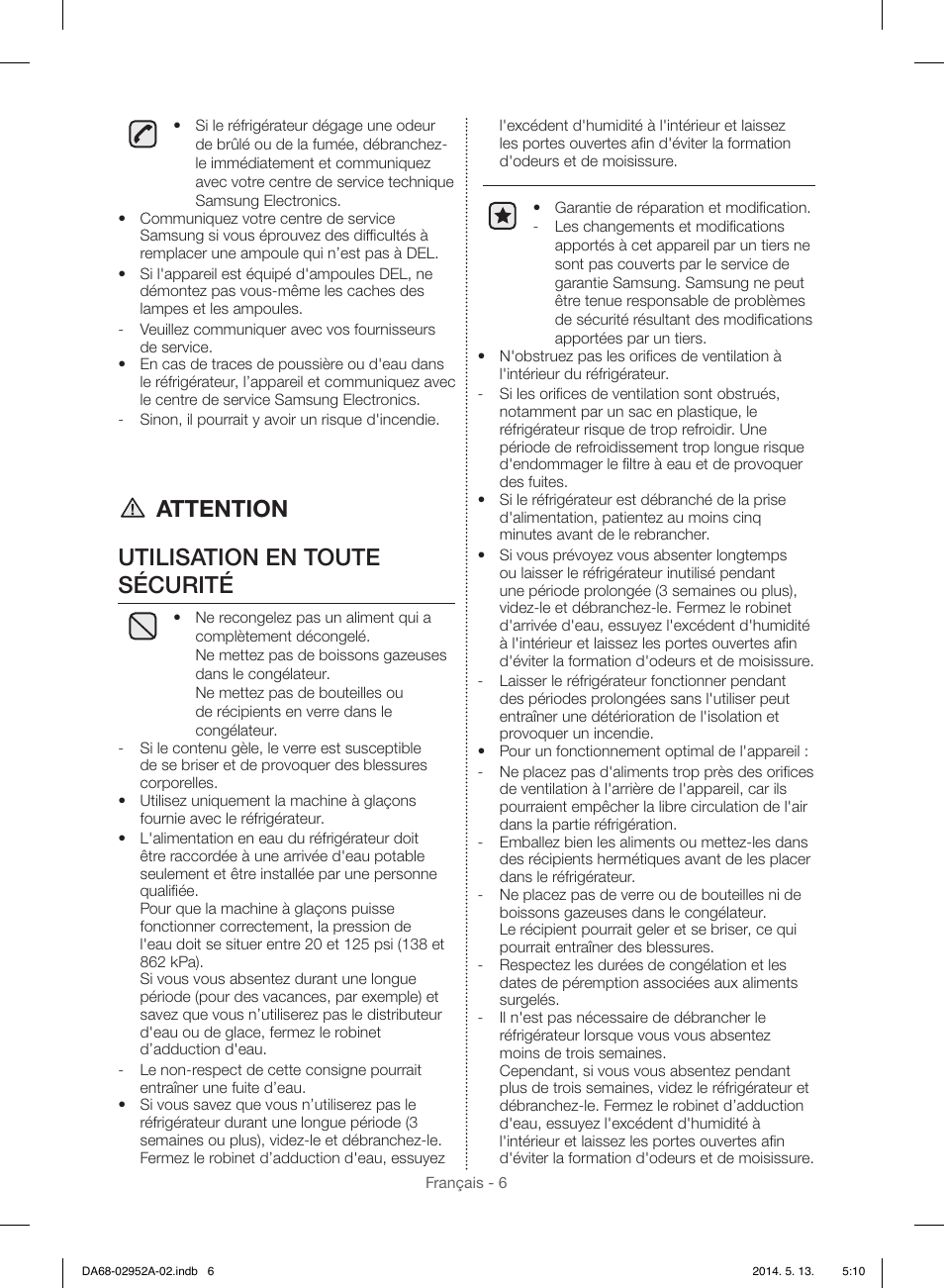 Attention utilisation en toute sécurité | Samsung RF28HMEDBWW-AA User Manual | Page 82 / 116