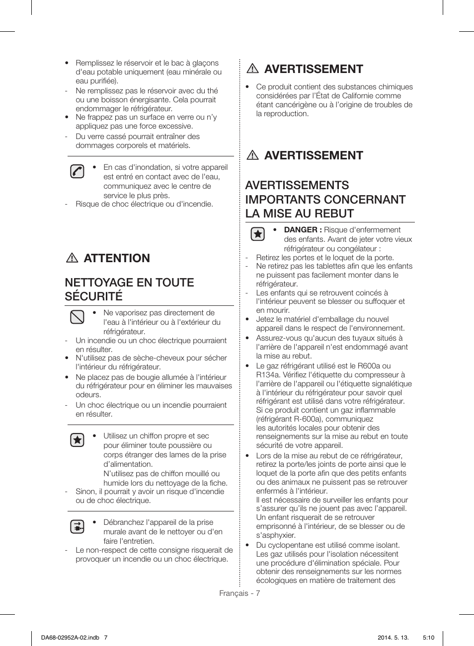 Attention nettoyage en toute sécurité, Avertissement | Samsung RF28HMEDBWW-AA User Manual | Page 83 / 116