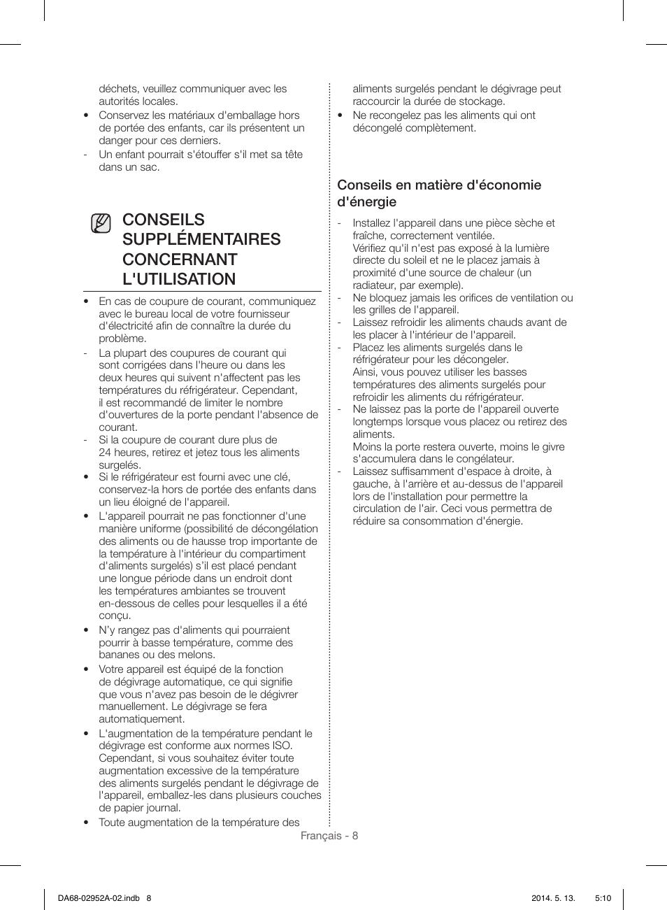 Conseils supplémentaires concernant l'utilisation, Conseils en matière d'économie d'énergie | Samsung RF28HMEDBWW-AA User Manual | Page 84 / 116