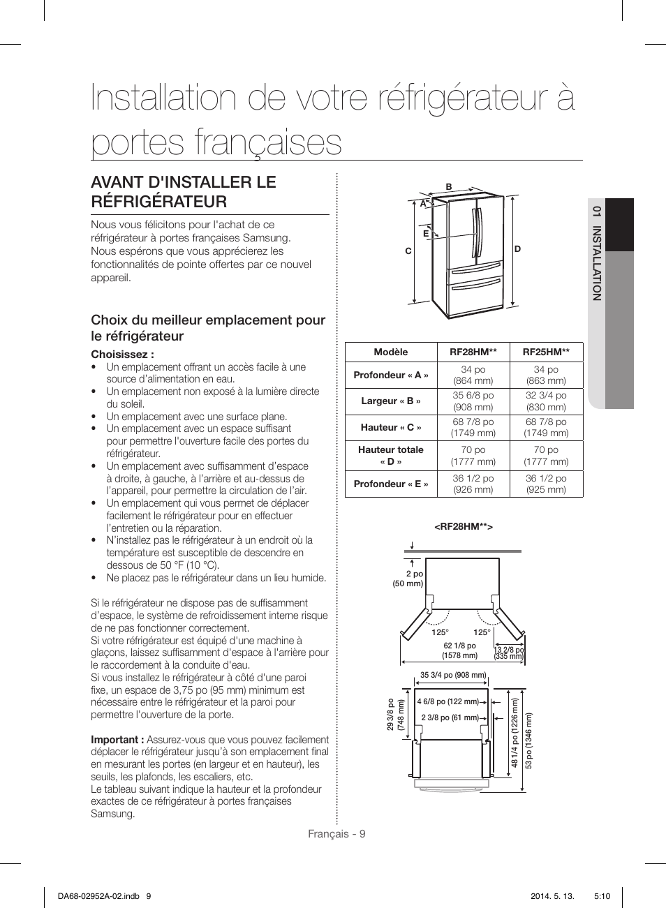 Avant d'installer le réfrigérateur | Samsung RF28HMEDBWW-AA User Manual | Page 85 / 116