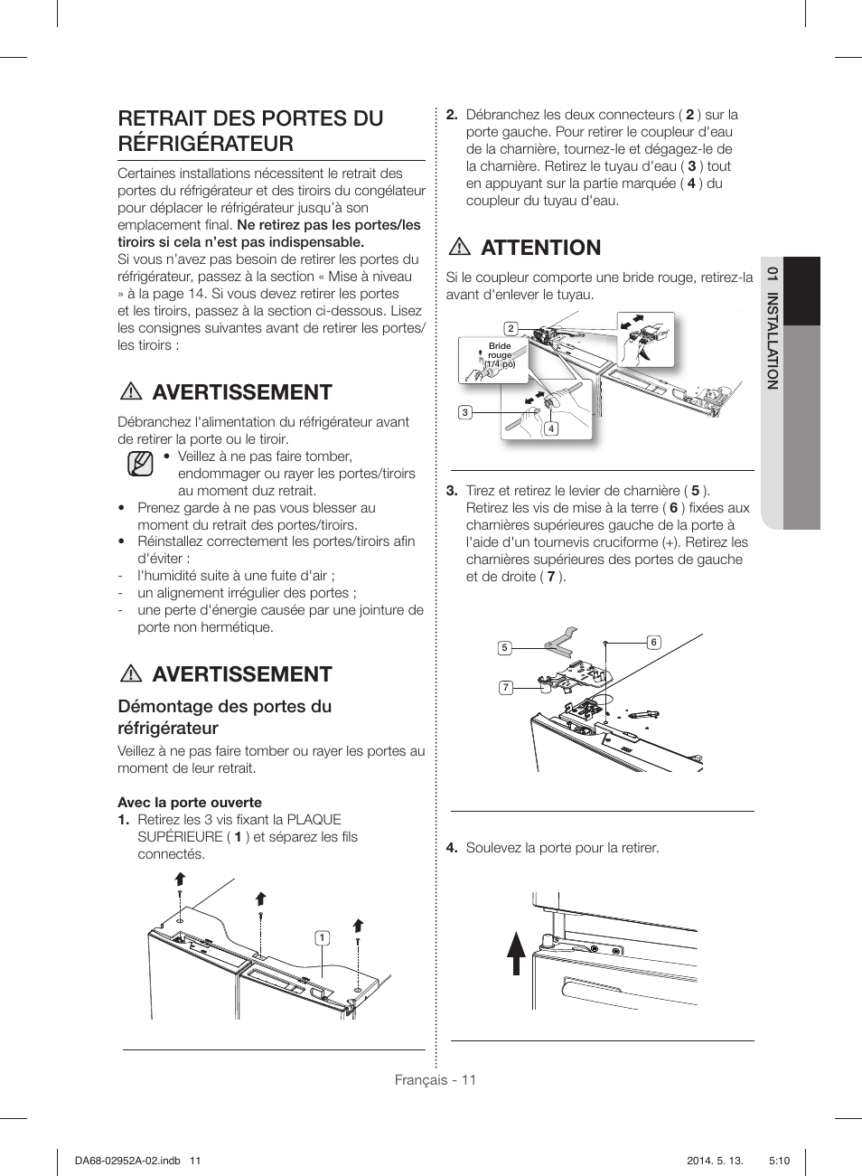 Retrait des portes du réfrigérateur, Avertissement, Attention | Démontage des portes du réfrigérateur | Samsung RF28HMEDBWW-AA User Manual | Page 87 / 116