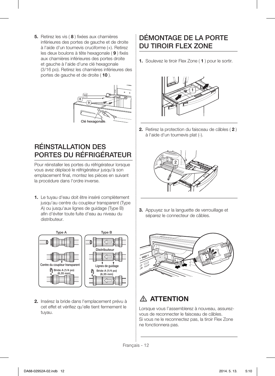 Réinstallation des portes du réfrigérateur, Démontage de la porte du tiroir flex zone, Attention | Samsung RF28HMEDBWW-AA User Manual | Page 88 / 116