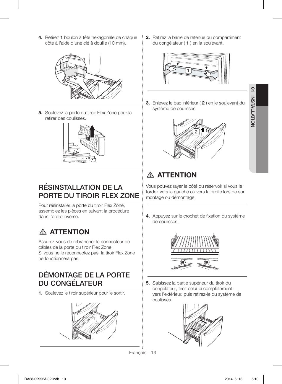 Résinstallation de la porte du tiroir flex zone, Attention, Démontage de la porte du congélateur | Samsung RF28HMEDBWW-AA User Manual | Page 89 / 116