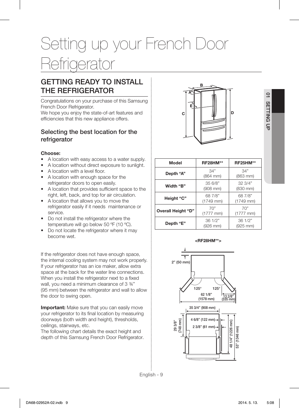 Setting up your french door refrigerator, Getting ready to install the refrigerator, Selecting the best location for the refrigerator | Samsung RF28HMEDBWW-AA User Manual | Page 9 / 116