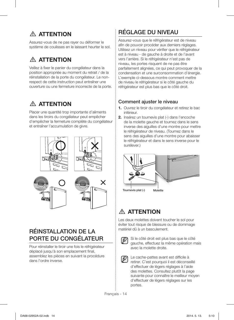 Attention, Réinstallation de la porte du congélateur, Réglage du niveau | Comment ajuster le niveau | Samsung RF28HMEDBWW-AA User Manual | Page 90 / 116