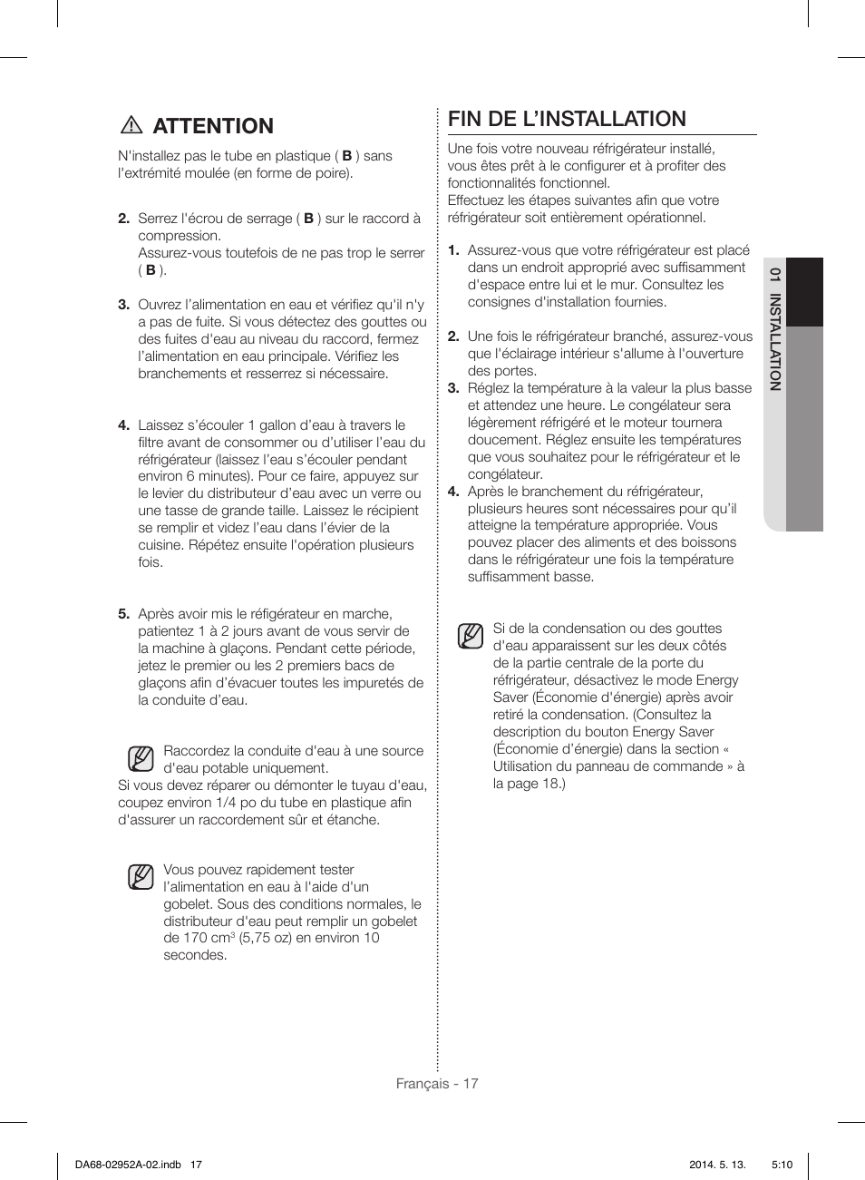 Attention, Fin de l’installation | Samsung RF28HMEDBWW-AA User Manual | Page 93 / 116