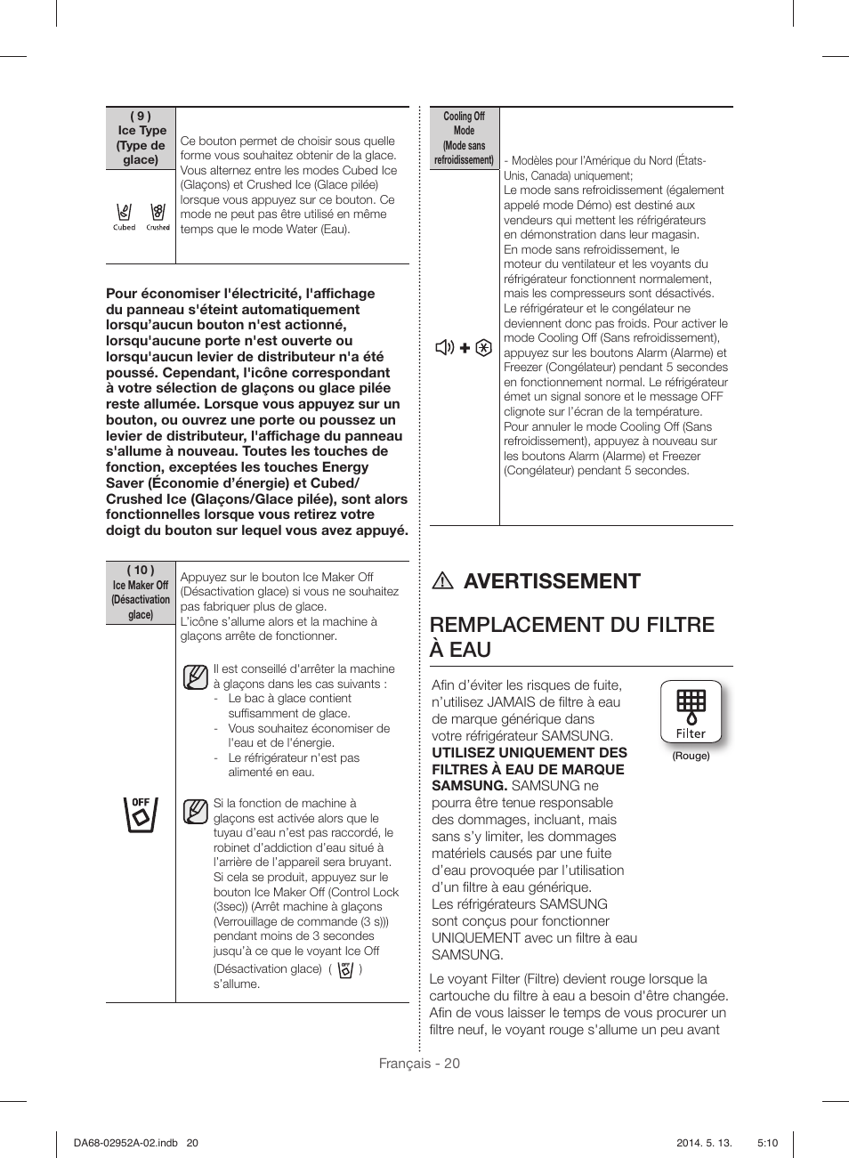 Avertissement remplacement du filtre à eau | Samsung RF28HMEDBWW-AA User Manual | Page 96 / 116