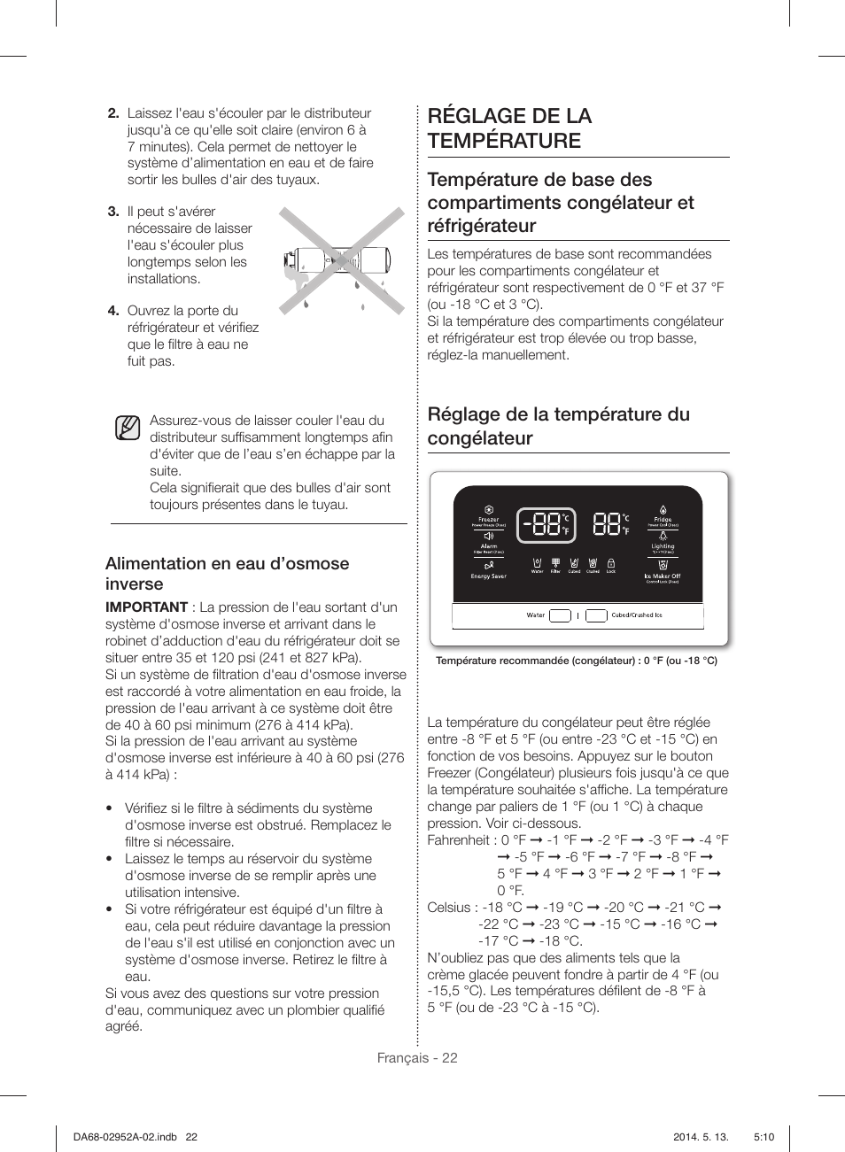 Réglage de la température, Réglage de la température du congélateur, Alimentation en eau d’osmose inverse | Samsung RF28HMEDBWW-AA User Manual | Page 98 / 116