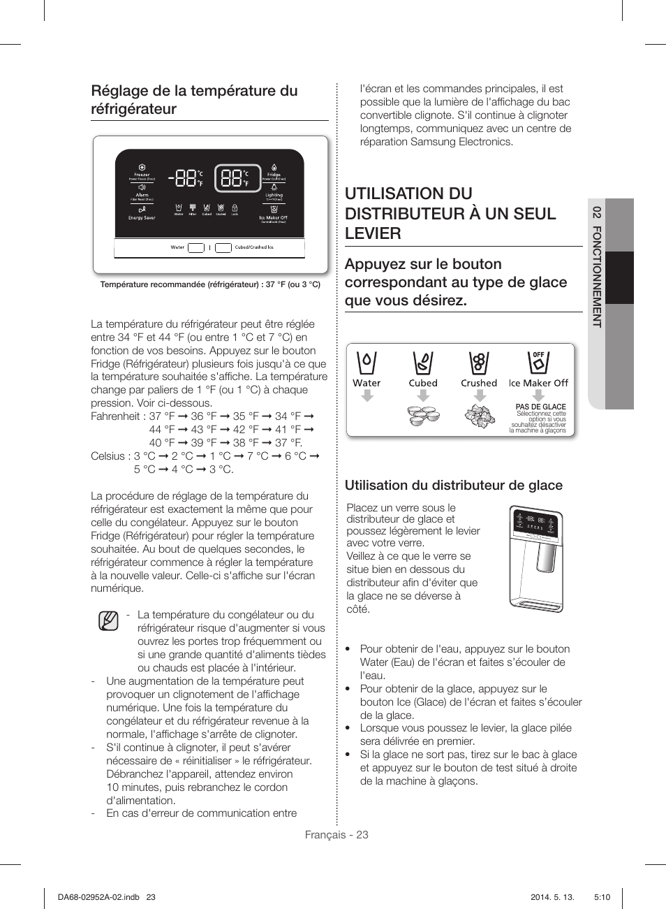 Utilisation du distributeur à un seul levier, Réglage de la température du réfrigérateur, Utilisation du distributeur de glace | Samsung RF28HMEDBWW-AA User Manual | Page 99 / 116