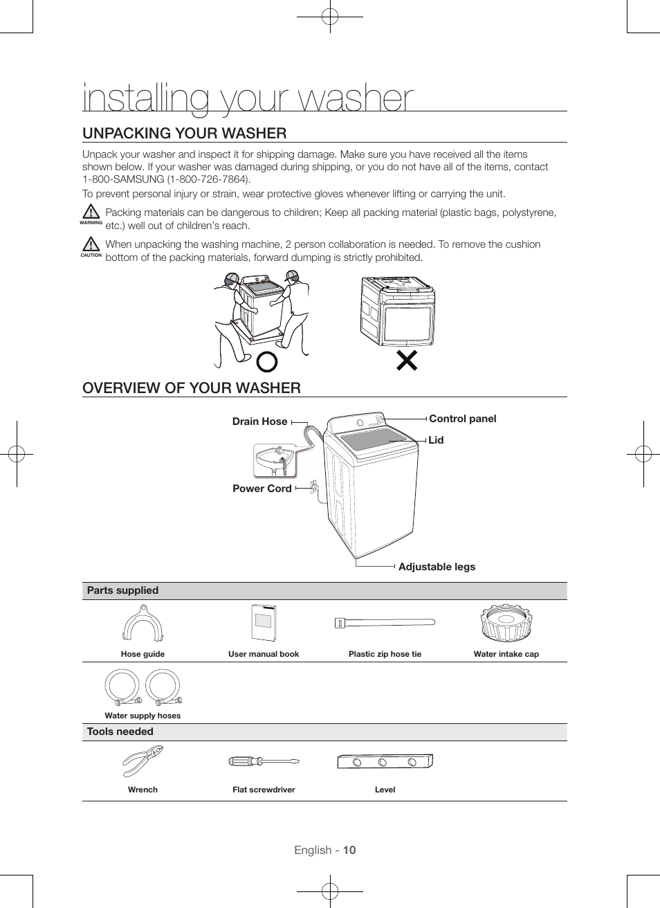 Installing your washer, Unpacking your washer, Overview of your washer | Samsung WA56H9000AP-A2 User Manual | Page 10 / 132