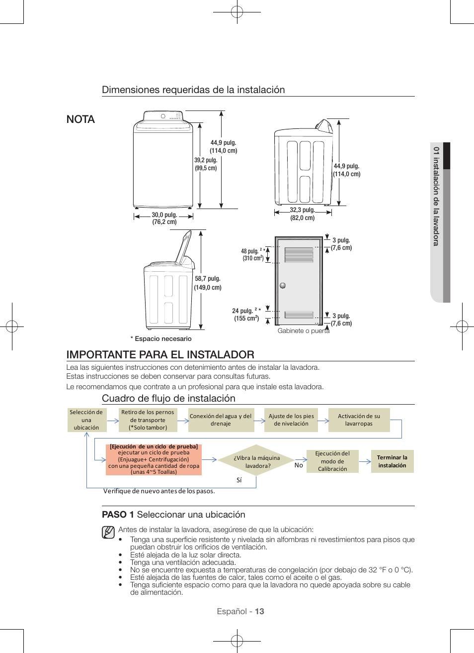 Nota importante para el instalador, Dimensiones requeridas de la instalación, Cuadro de flujo de instalación | Paso 1 seleccionar una ubicación | Samsung WA56H9000AP-A2 User Manual | Page 101 / 132